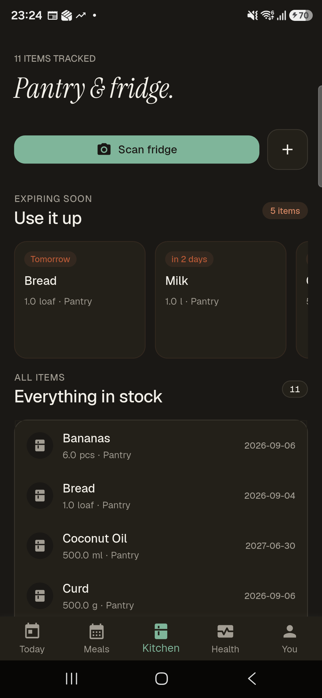 KitchenOS pantry and fridge: items expiring soon and everything in stock