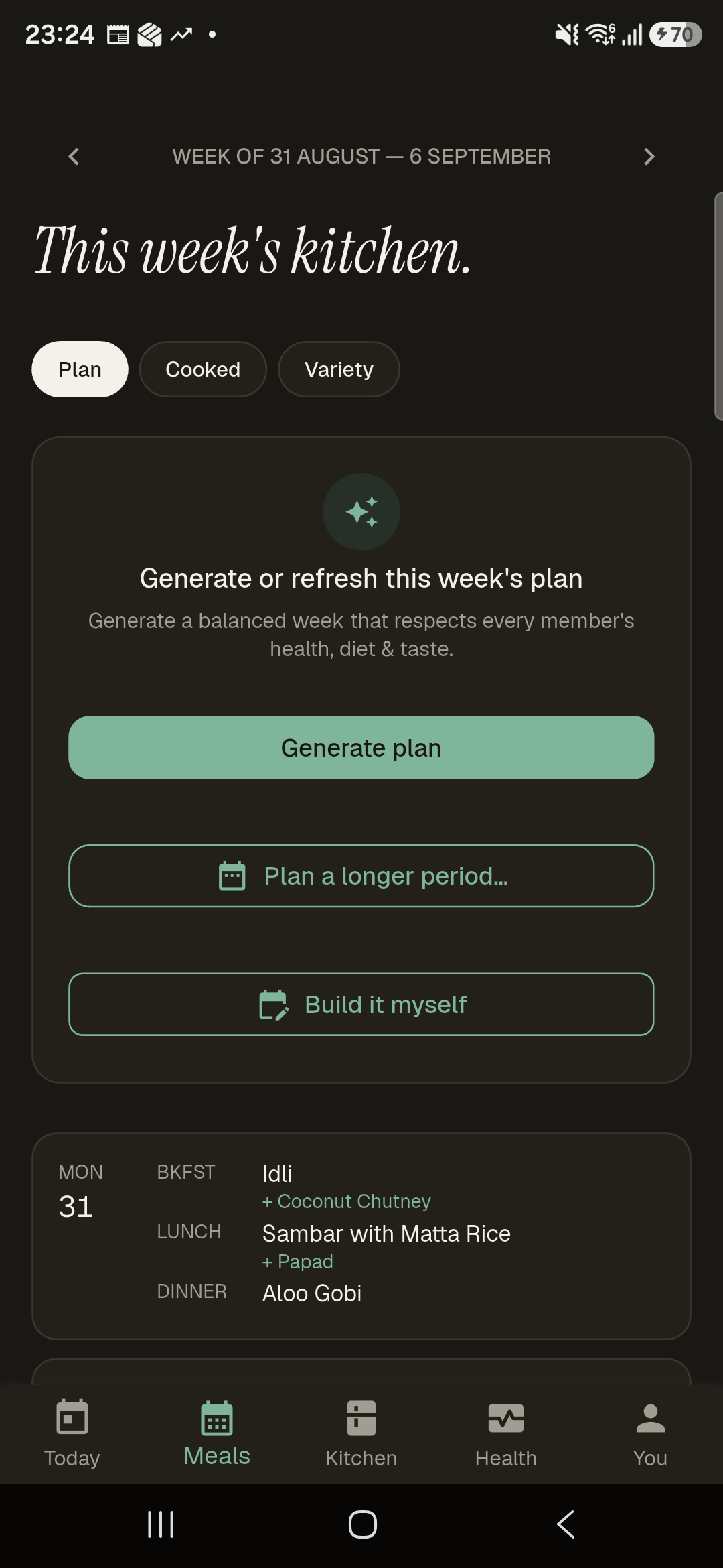 KitchenOS weekly plan: generate a plan, plus a real week of Idli, Sambar and Aloo Gobi