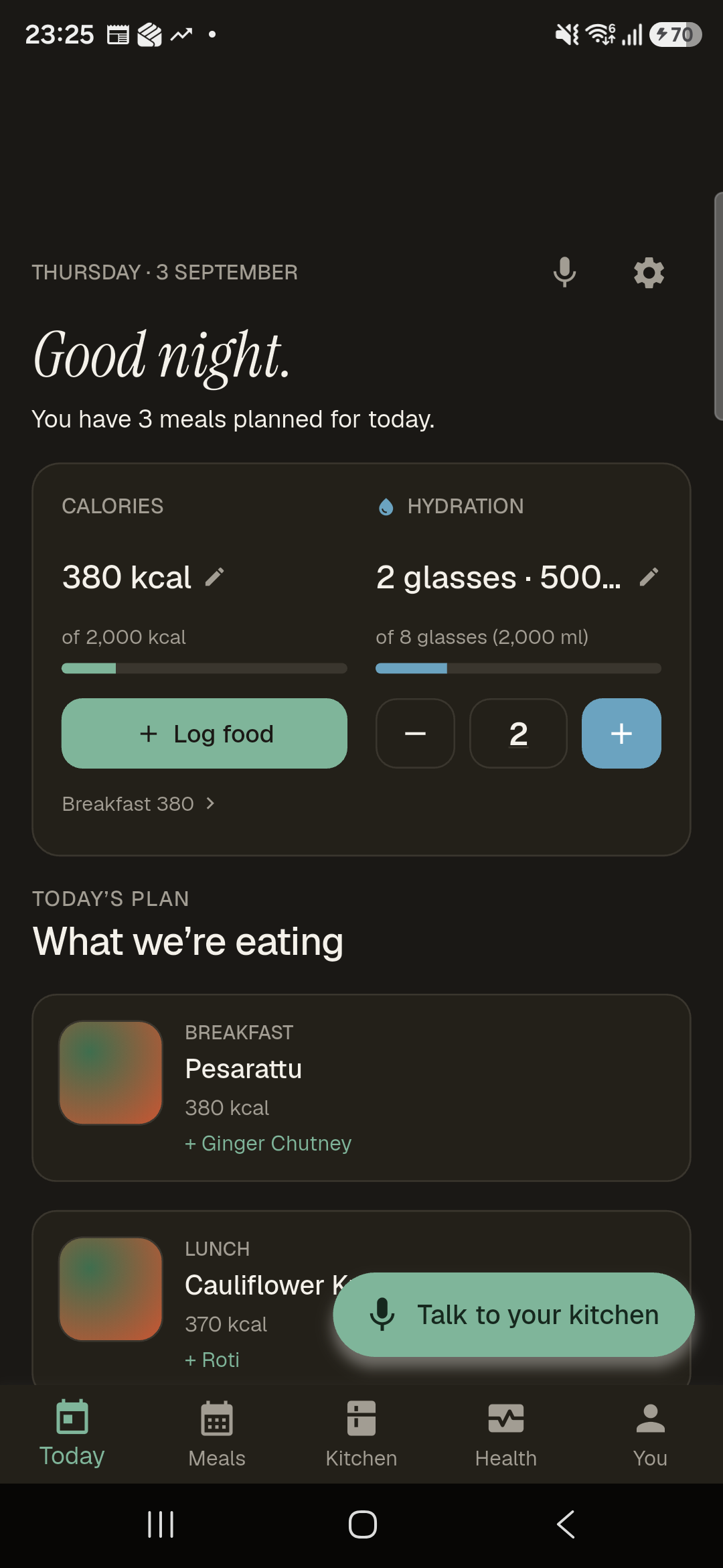 KitchenOS Today screen: the day's greeting, calories and hydration, and the planned meals